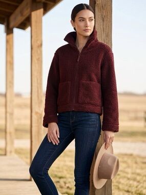 H&M Burgundy Sherpa Teddy Fleece Zip Up Jacket